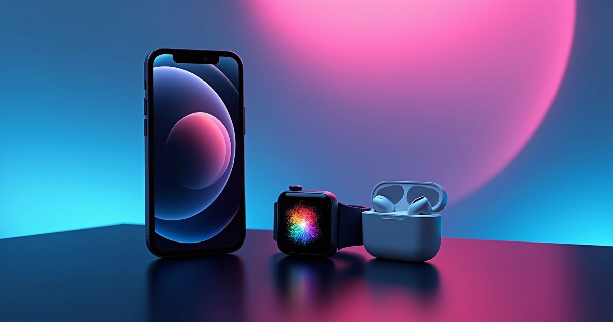 iPhone 17, Apple Watch Series 11 e AirPods Pro 3 exibidos juntos sobre superfície escura com fundo moderno e iluminação vibrante