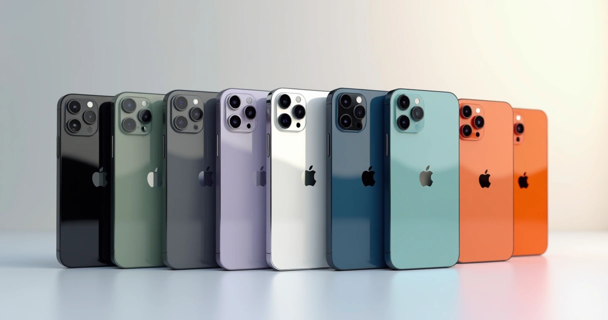 Modelos de iPhone 17 em nove cores diferentes exibidos sobre fundo neutro branco