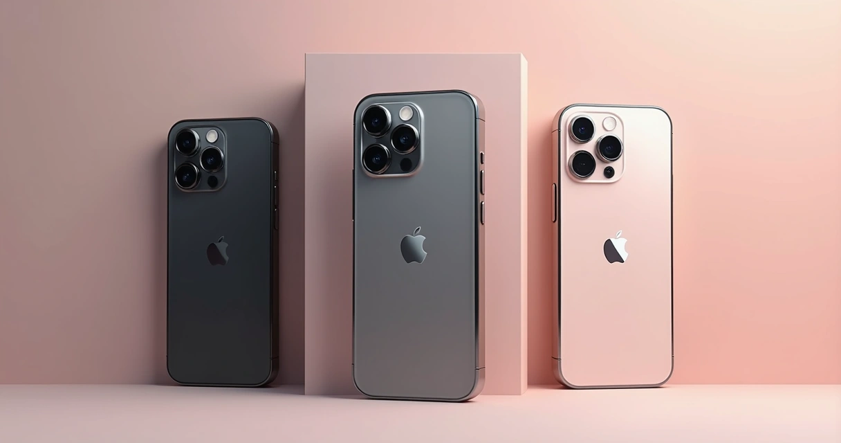iPhone 17 Pro Max com módulo de câmeras retangular destacado em três cores sobre fundo neutro