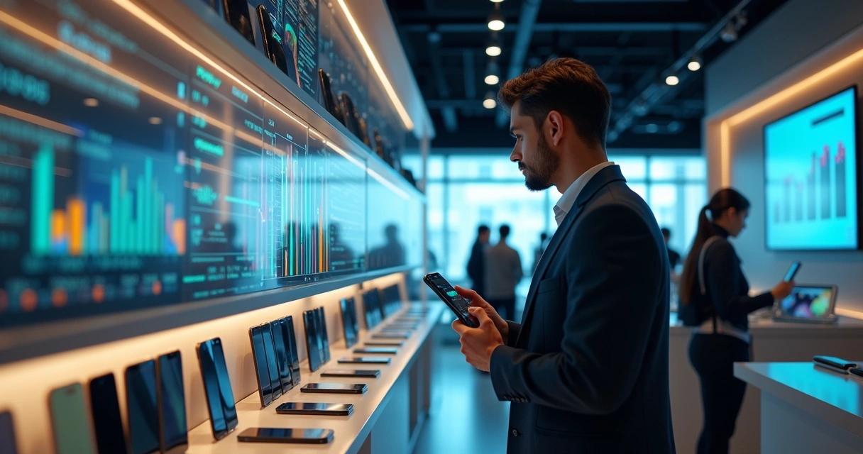 Gestor analisando relatórios digitais em tela com gráficos e números em loja de celulares moderna