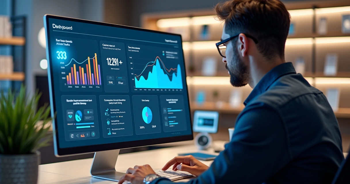 Gestor de loja de celular usando dashboard digital com gráficos e controle de estoque em tela ultra-detalhada