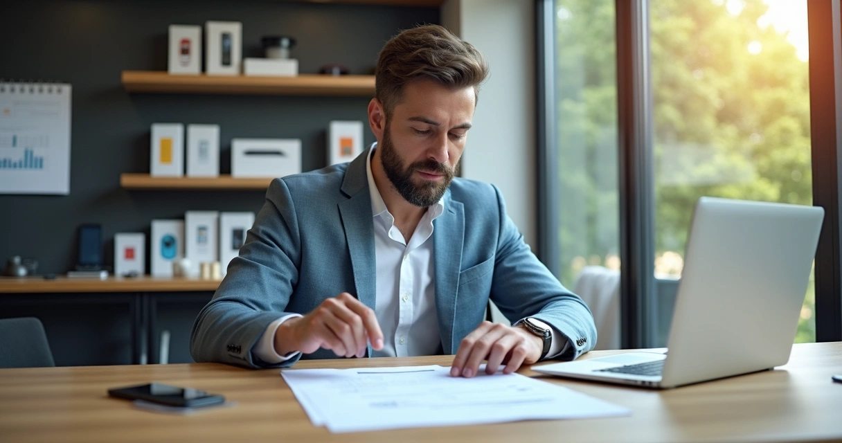 Homem analisando contrato com fornecedor de celulares em escritório moderno