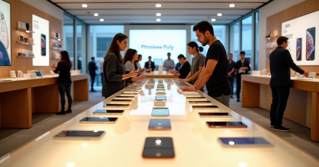 Loja de celulares com vitrine exibindo modelos de iPhones e equipe atendendo clientes com dispositivos Apple