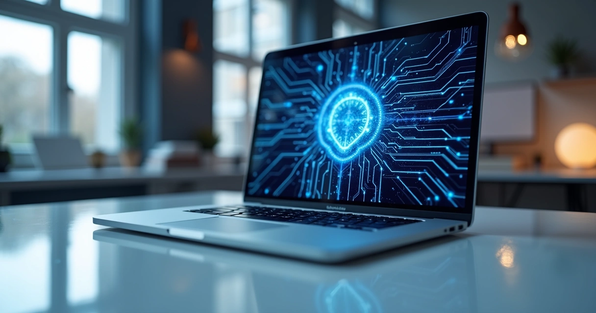 MacBook Pro com chip M5 exibido em ambiente moderno e iluminado com fundo tecnológico azul