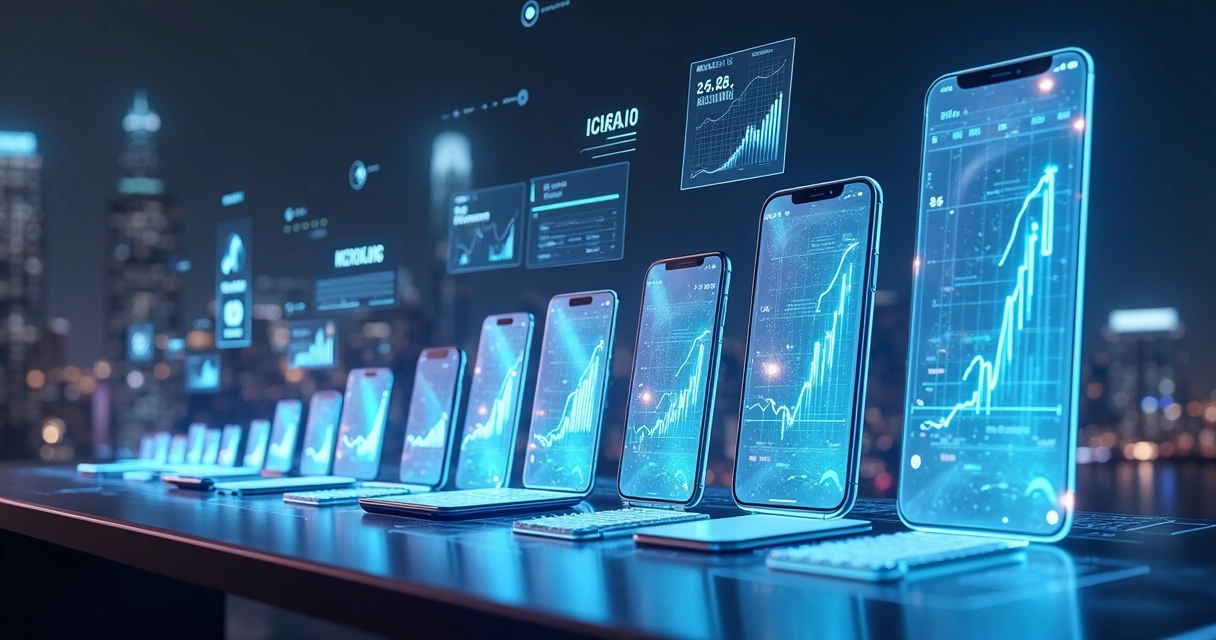 Linha do tempo mostrando evolução de smartphones, aplicativos e wearables em ambiente moderno com gráficos e ícones digitais