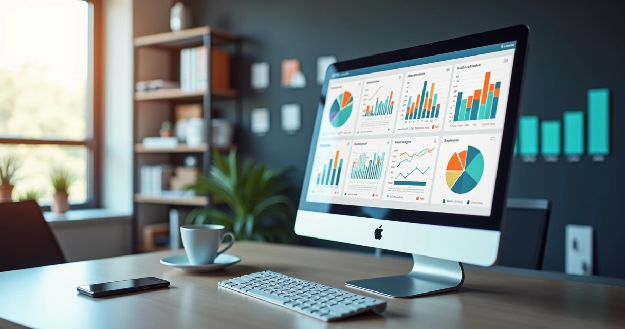 Tela de computador exibindo relatórios financeiros detalhados com gráficos e tabelas coloridas