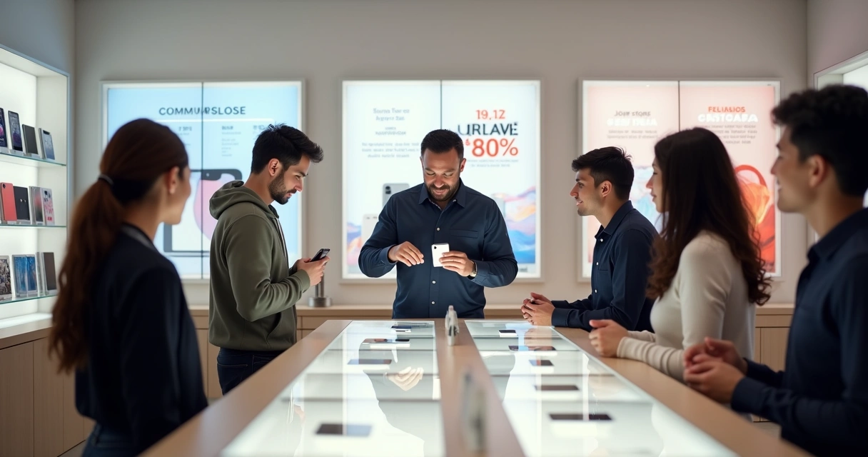 Vendedor mostrando dispositivos Apple em loja de celular moderna com clientes observando produtos no vidro da vitrine