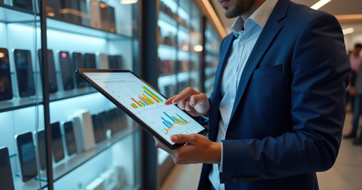 Pessoa usando tablet com gráficos financeiros e loja de celular ao fundo