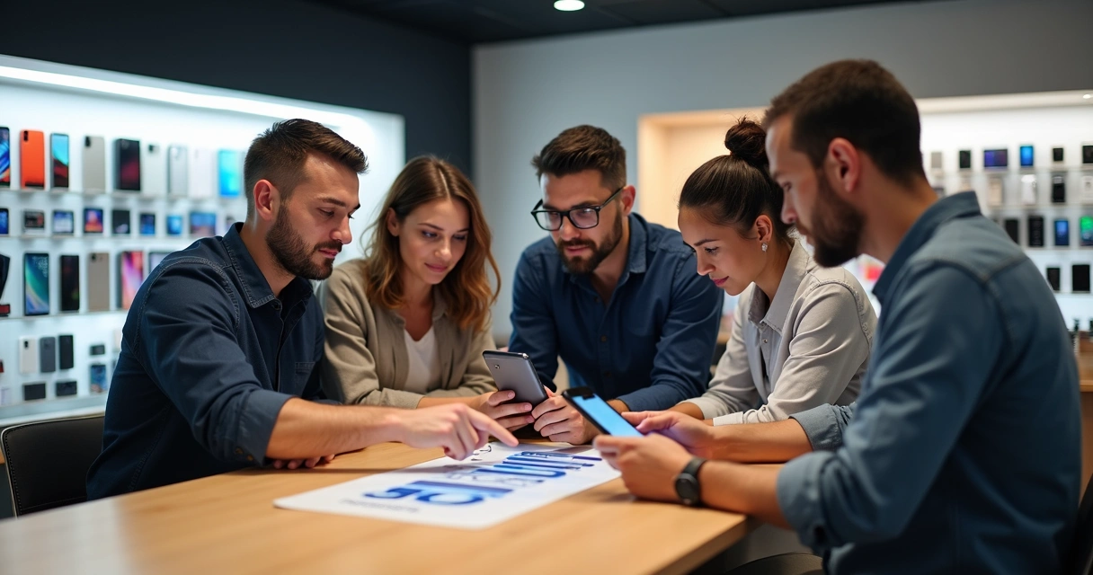 Equipe de loja de celular em reunião discutindo estratégias com gestores em ambiente moderno e iluminado