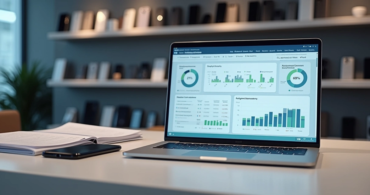Mesa de trabalho com computador exibindo sistema integrado de gestão para loja de celular, papéis organizados e smartphone ao lado, ambiente moderno de loja com prateleiras e produtos ao fundo