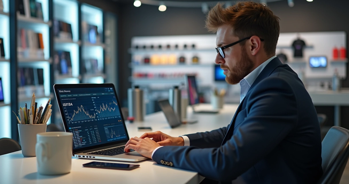 Pessoa analisando gráficos financeiros em um notebook em loja de celular moderna com smartphones expostos ao fundo