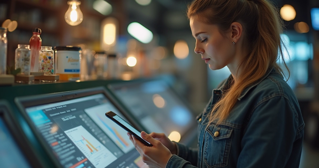 Lojista analisando relatórios digitais em tablet dentro da loja de celulares com equipe ao fundo