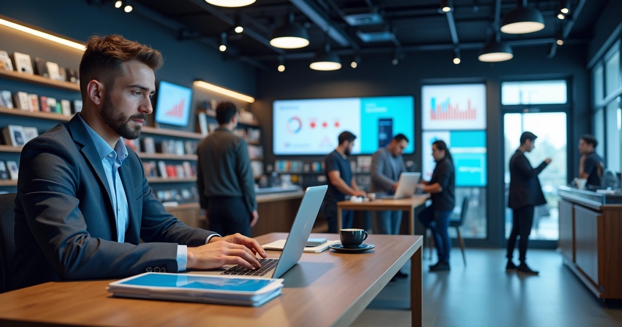 Ambiente interno de loja de celular com gestor analisando gráficos e planejando no computador, equipe ao fundo e produtos organizados nas prateleiras