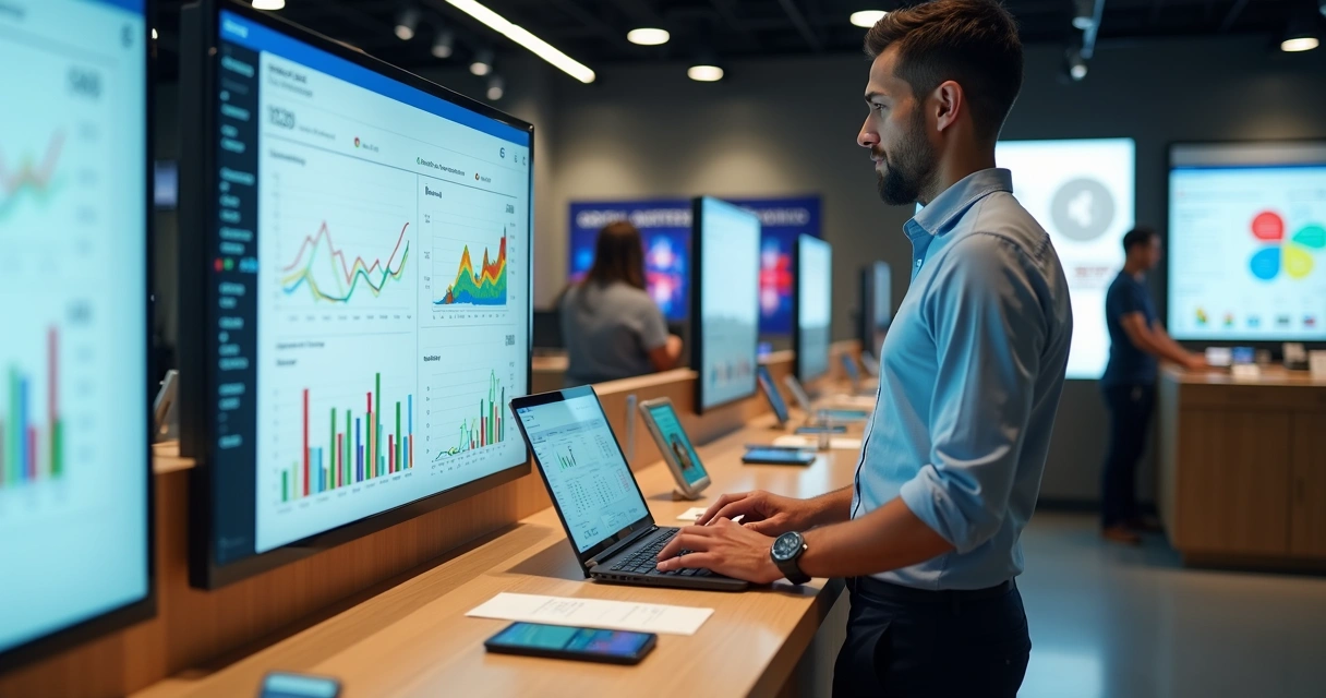 Gestor de loja de celular analisando vendas em um painel com calendário de feriados