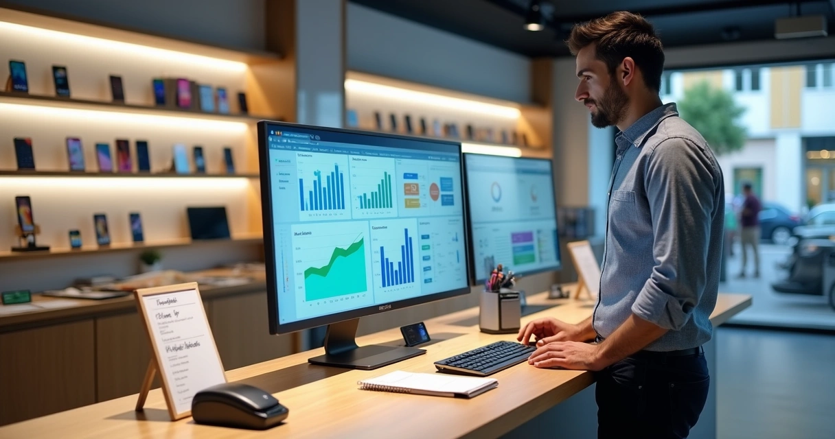 Gestor analisando desempenho da loja de celular em computador com vitrine ao fundo