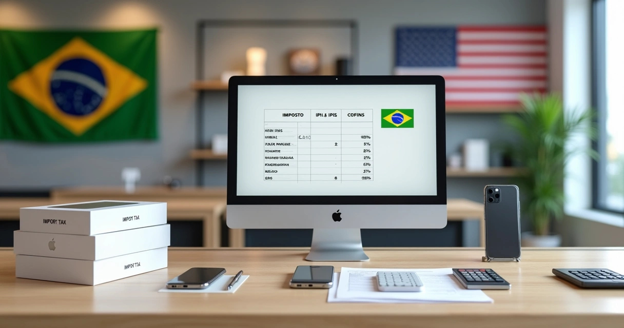 Loja de celulares com iPhones sobre mesa e símbolos de impostos e bandeiras do Brasil e EUA