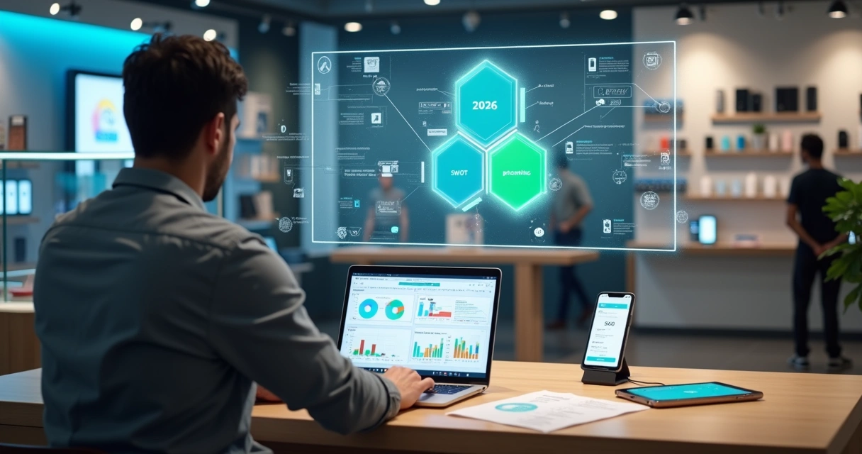 Gestor analisando planejamento estratégico digital em loja de celular