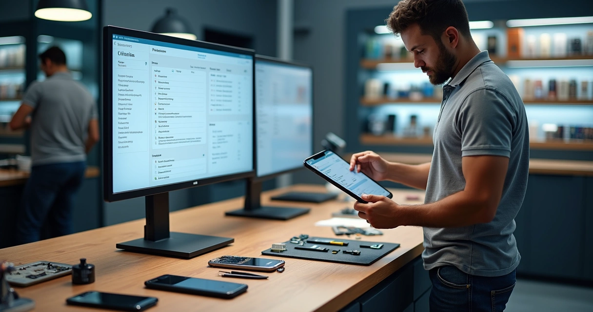 Técnico de celular preenchendo checklist digital em bancada organizada de assistência