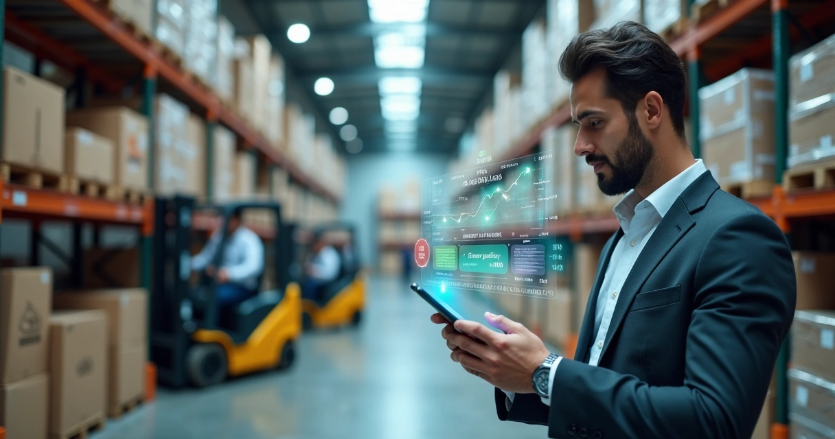 Executivo usando aplicativo de mobile commerce B2B no smartphone em um depósito moderno