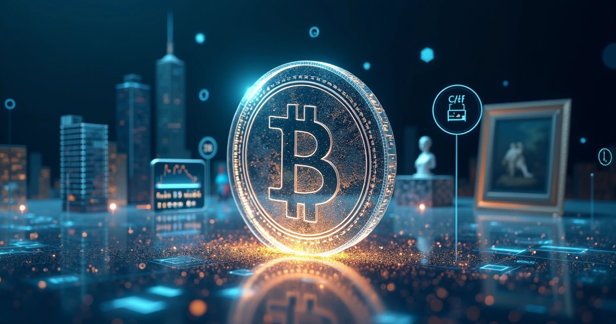 Conceito visual de tokenização de imóveis e arte conectados a criptomoedas e ETFs