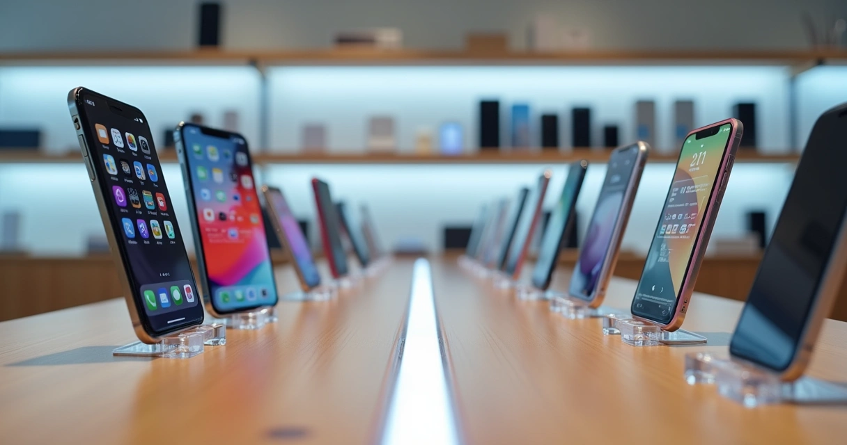 Balcão de loja de celulares exibindo iPhone e aparelhos Android lado a lado