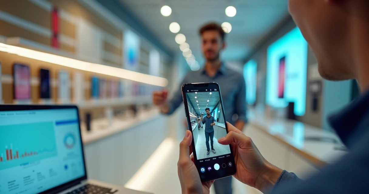 Vendedor de loja de celular gravando vídeo curto vertical para redes sociais em smartphone