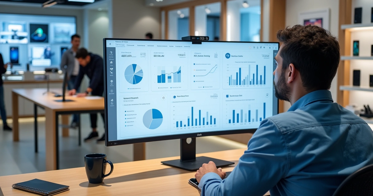 Gestor analisando painel de KPIs de vendas em loja de celular