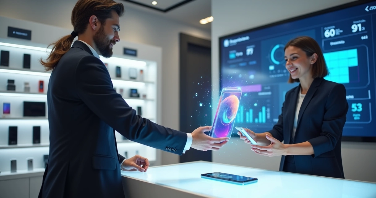 Cliente usando realidade aumentada em loja de celulares para visualizar smartphone em 3D