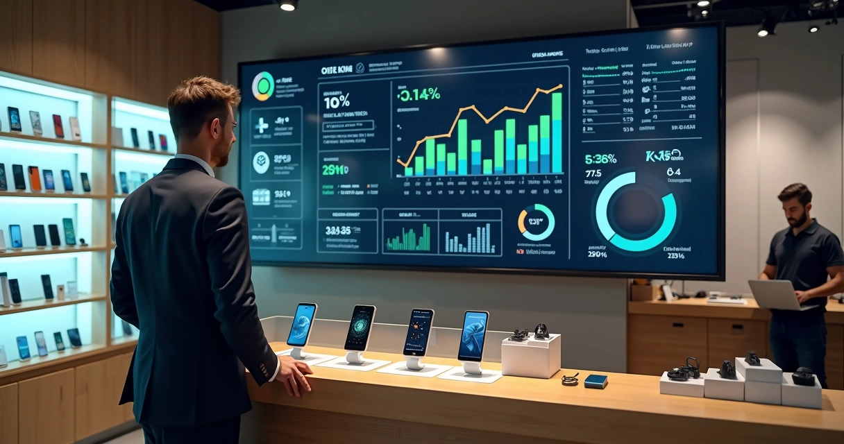 Gestor analisando dados em tela com gráficos ao lado de vitrine de loja de celular