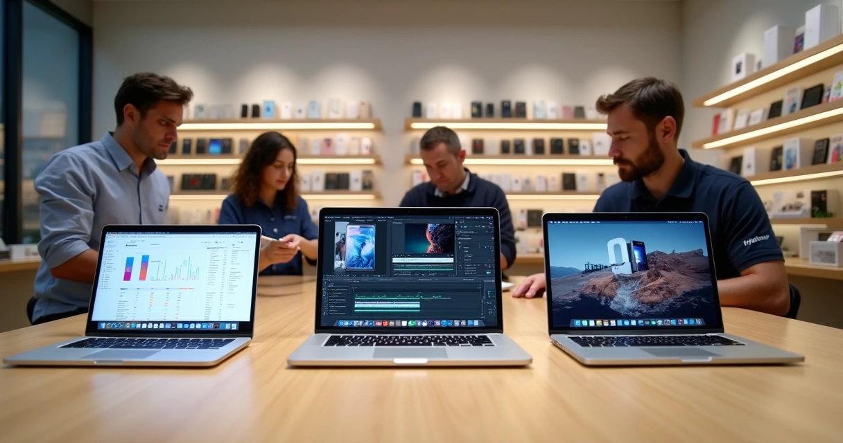 Vários modelos de MacBook sobre mesa em loja de celulares com diferentes profissionais usando ao mesmo tempo