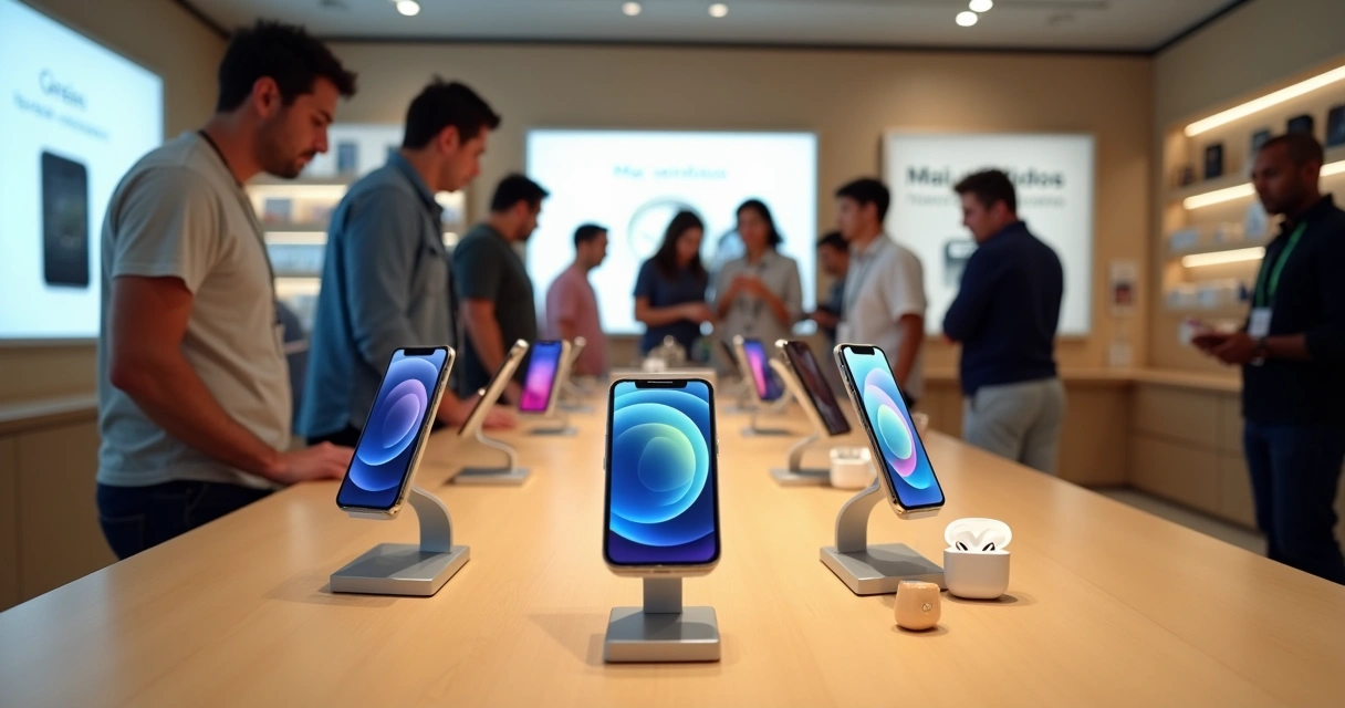 Exposição de iPhones, Apple Watch e AirPods em loja de eletrônicos no Brasil