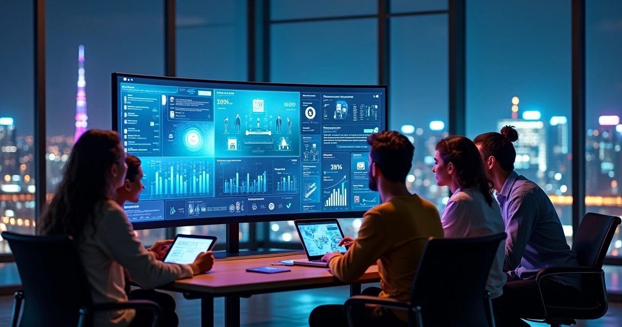 Painel digital com ícones de mídias sociais, IA e gráficos de dados em ambiente de agência de marketing