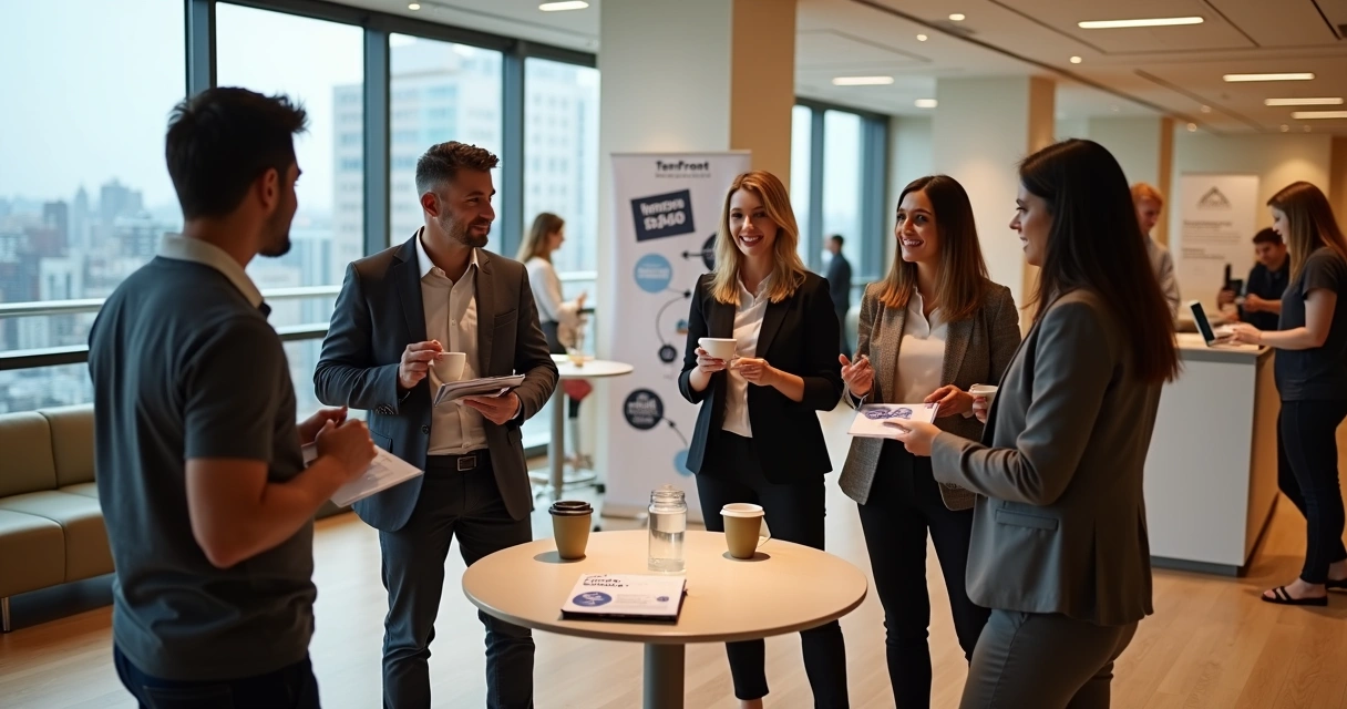 Lojistas de celular em sessão de networking durante evento de negócios