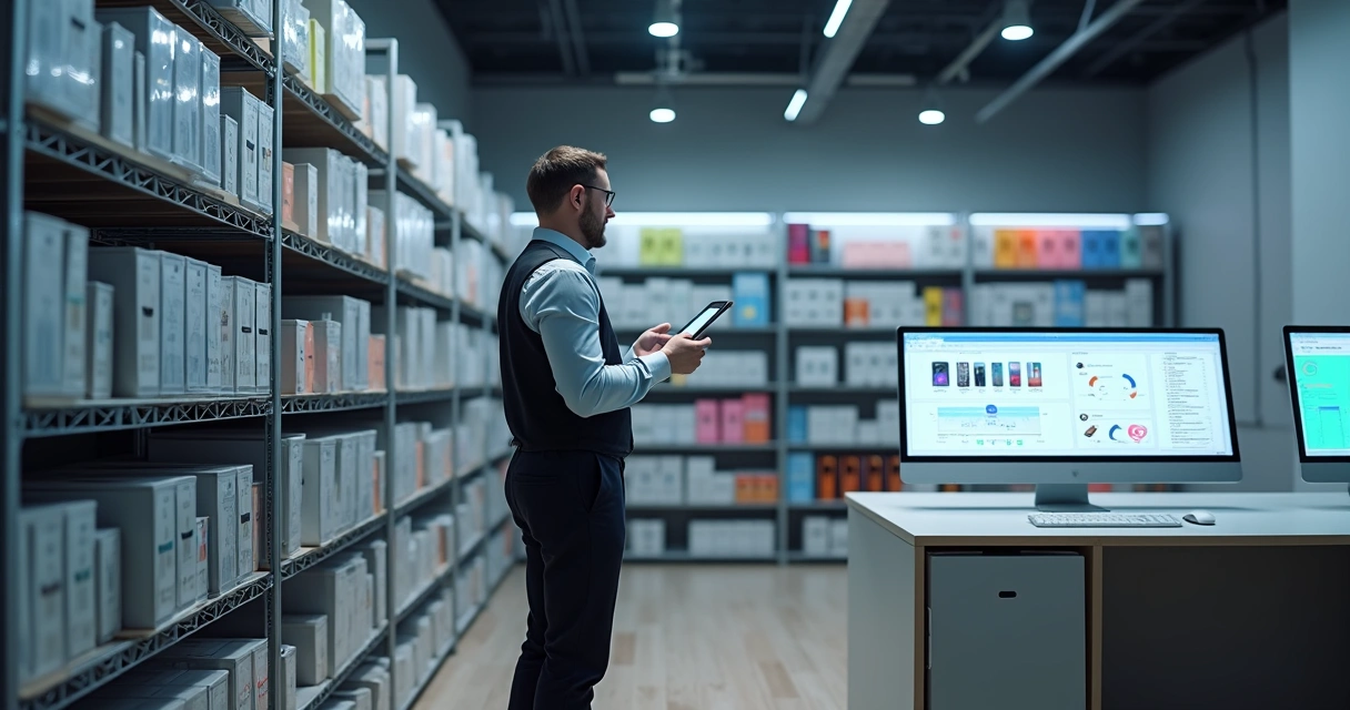 Gestor analisando estoque organizado de celulares e peças em depósito moderno