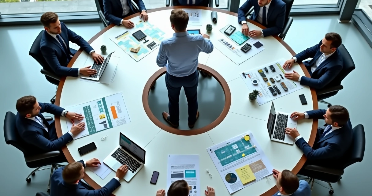 Vista superior de gestor em centro de mesa redonda com setores interligados da loja de celular