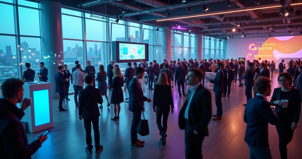 Profissionais do mercado mobile fazendo networking em evento com telas digitais ao fundo