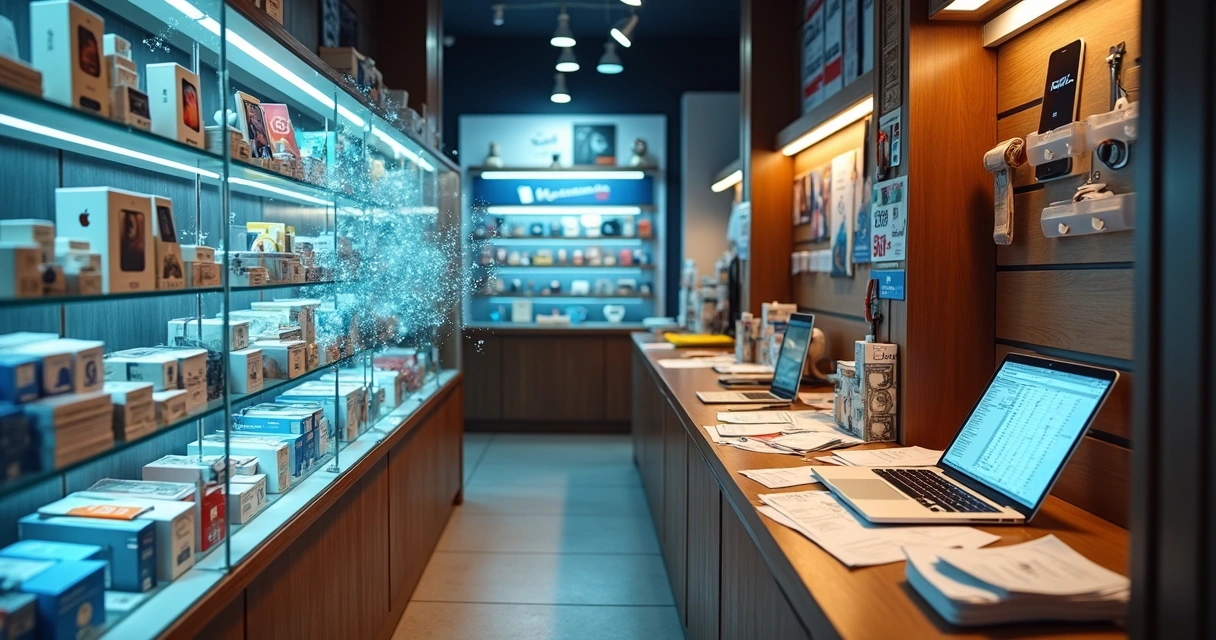 Notas de dinheiro fluindo de vitrine de celulares para planilha de controle financeiro