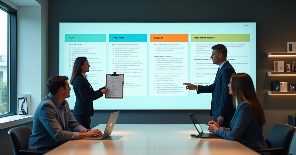 Mesa de reunião com equipe de loja de celular criando checklist e roteiros de atendimento em painel digital dividido em etapas