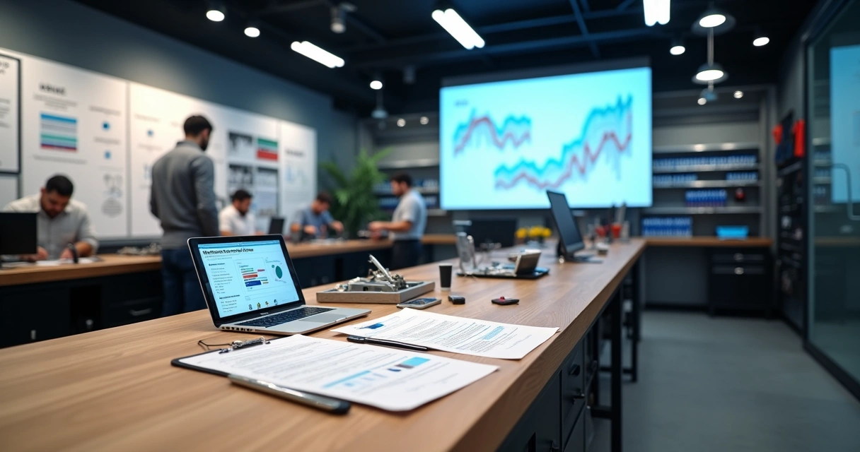 Gestor de loja de celular organizando processos com painel enquanto gráficos de marketing aparecem ao fundo
