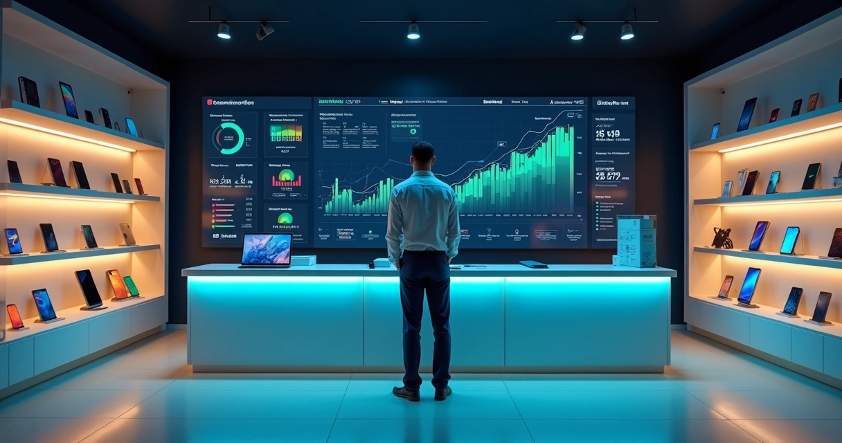 Gestor de loja de celulares analisando painel digital com resultados de vendas