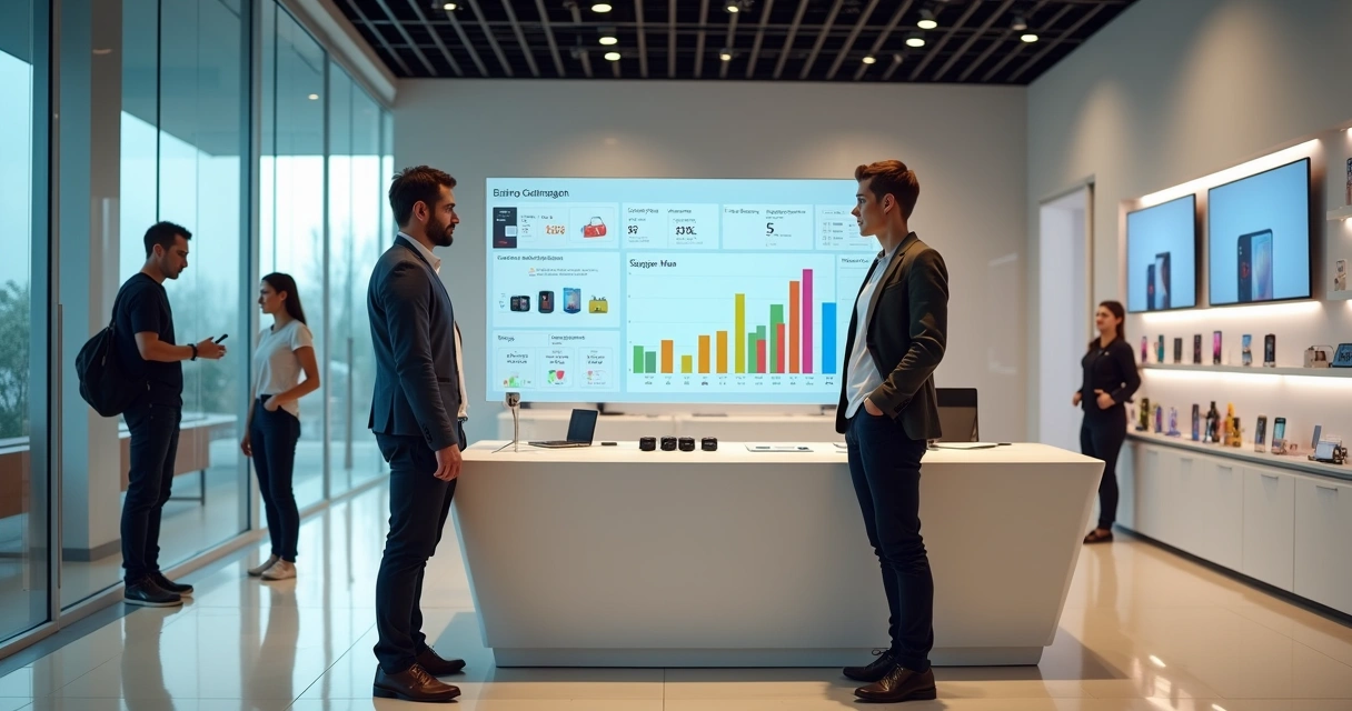 Gestor analisa metas de vendas mobile em tela enquanto conversa com vendedora destaque