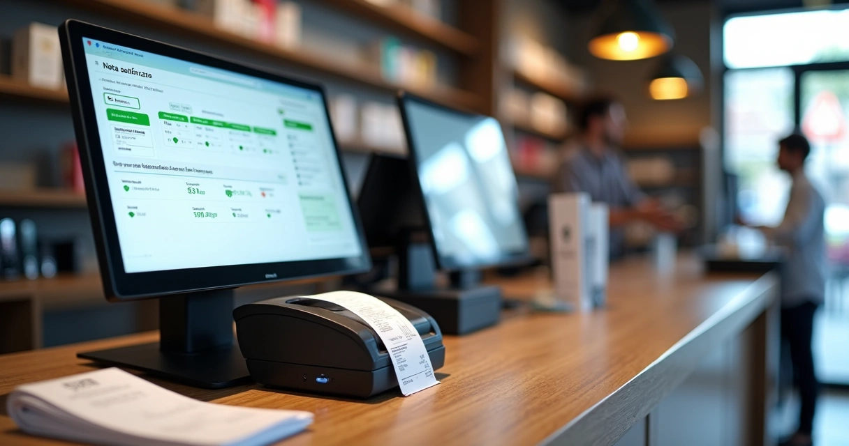 Caixa de loja de celular usando sistema fiscal automático no computador com notas emitidas corretamente
