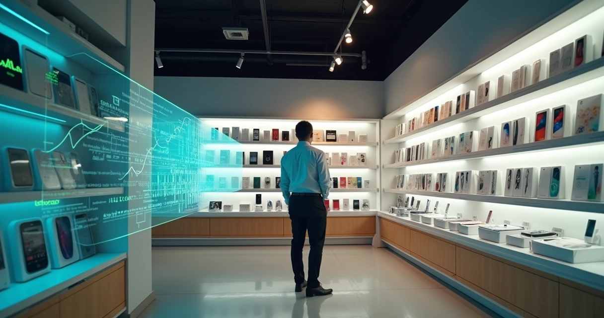 Gestor observa prateleiras de celulares enquanto acompanha gráficos de estoque em tela flutuante