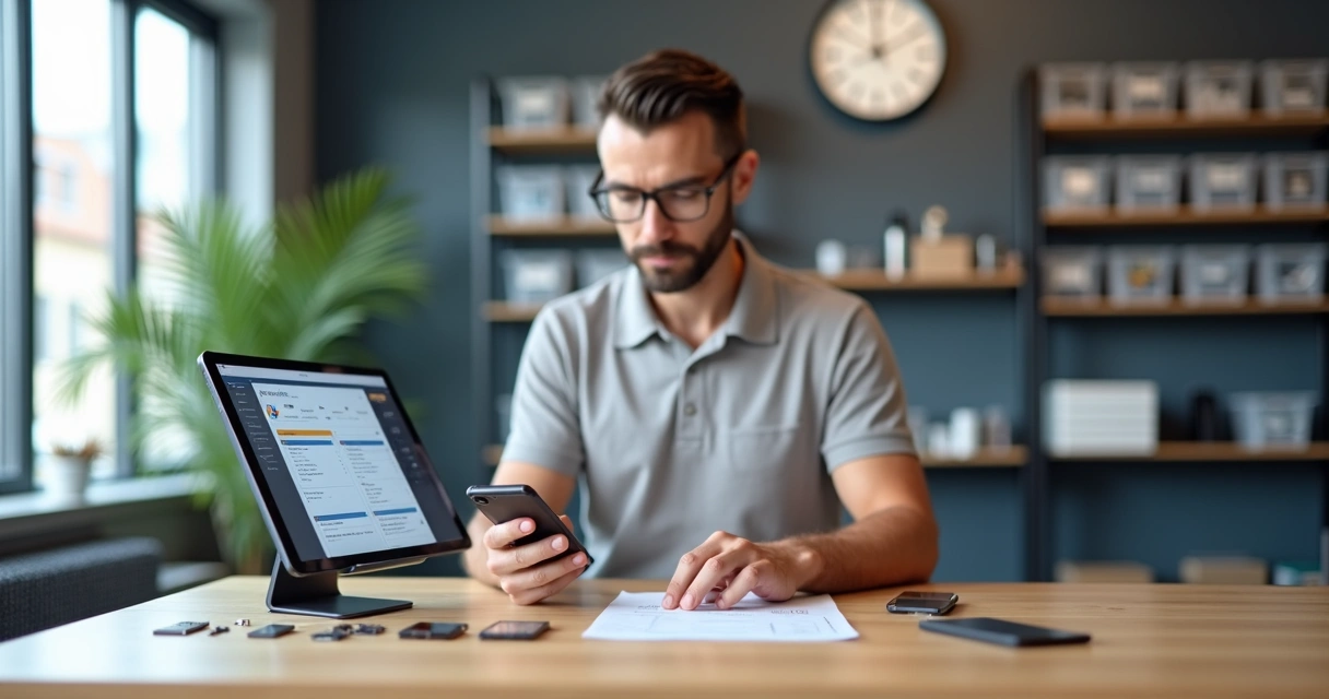 Técnico de celular atualizando ordem de serviço em tablet com peças organizadas ao fundo