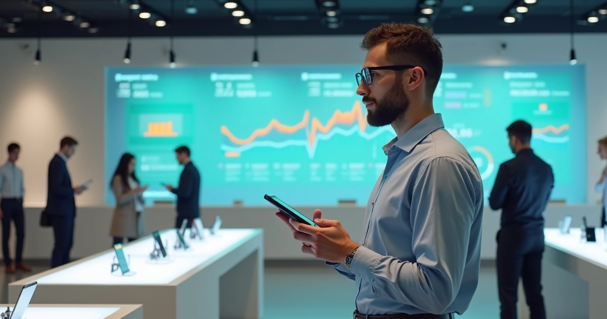 Dono de loja de celular ao lado de grande painel digital com indicadores da loja