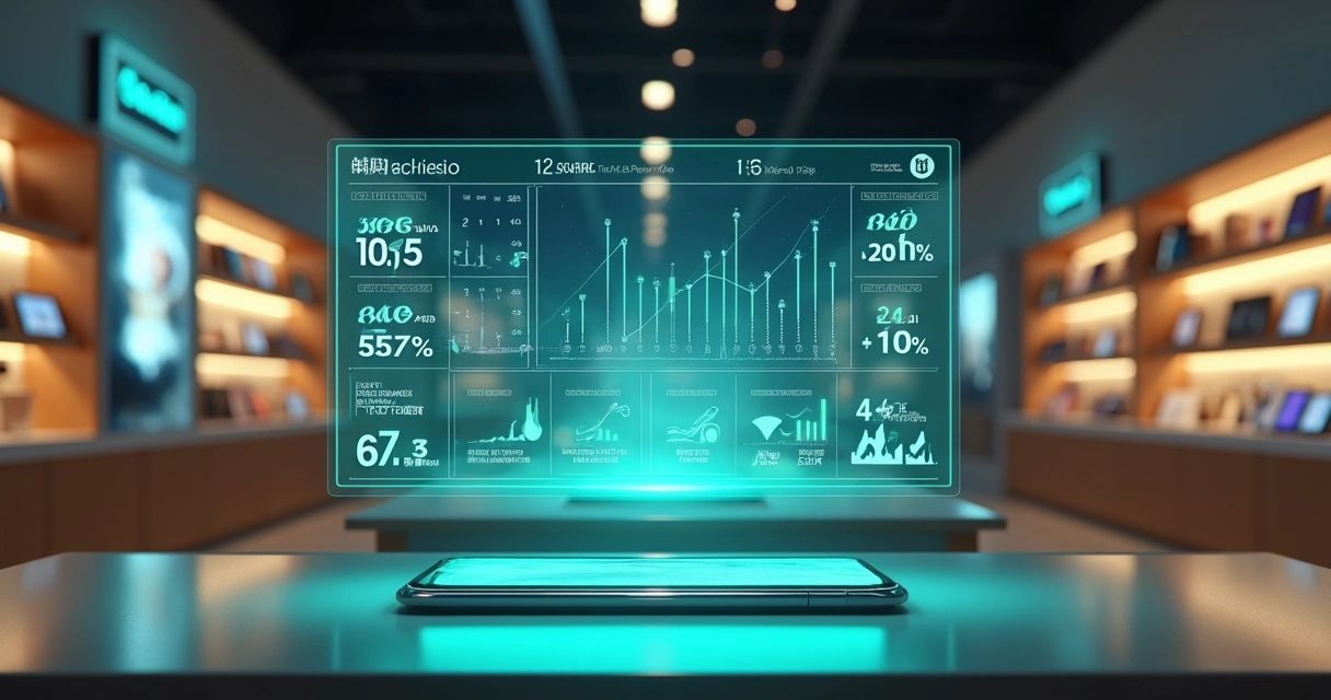 Painel digital colorido com KPIs de vendas em loja de celular moderna