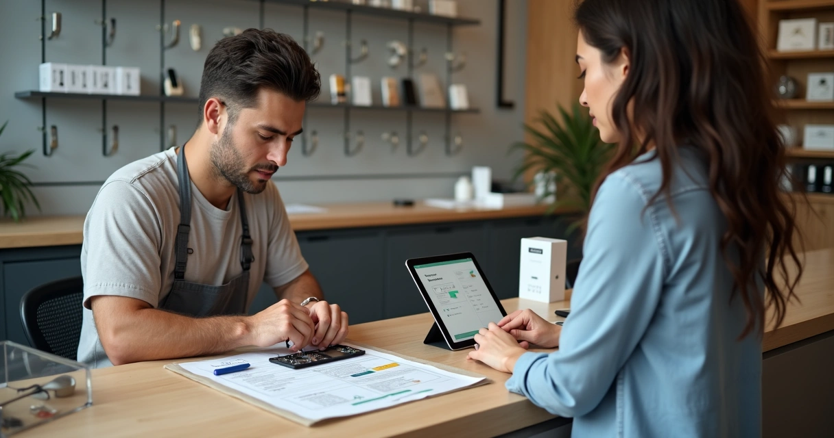Técnico de celular explica serviço extra a cliente em bancada organizada