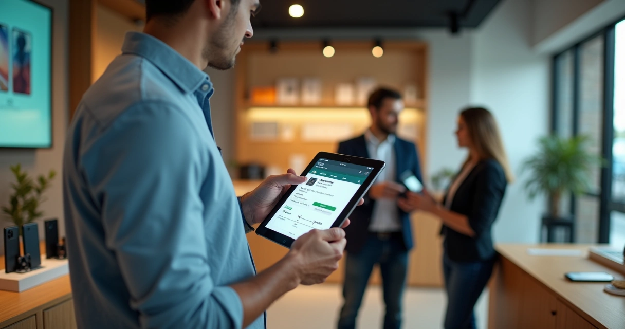 Vendedor de loja de celular consulta sistema em tablet ao lado de cliente