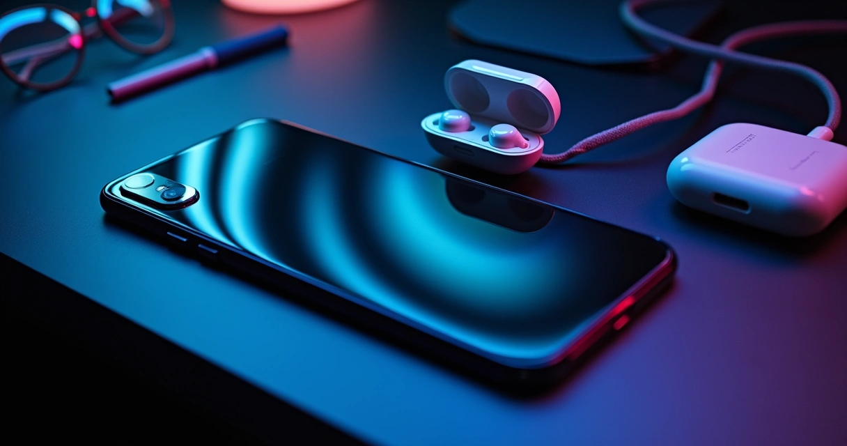iPhone em mesa escura cercado por acessórios tecnológicos futuristas
