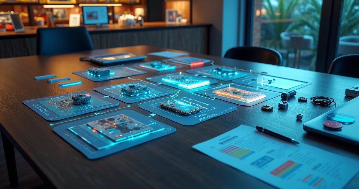 Visão superior de mesa com fluxos de receita conectando áreas de uma loja de celular